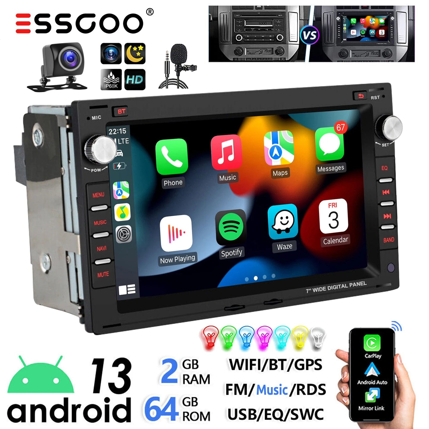 ESSGOO 7" Android 13 2+64G Wireless Apple Carplay Autoradio Für VW Polo 9N Golf 4 Passat B5 T5 GPS NAVI RDS Wifi Bluetooth FM EQ