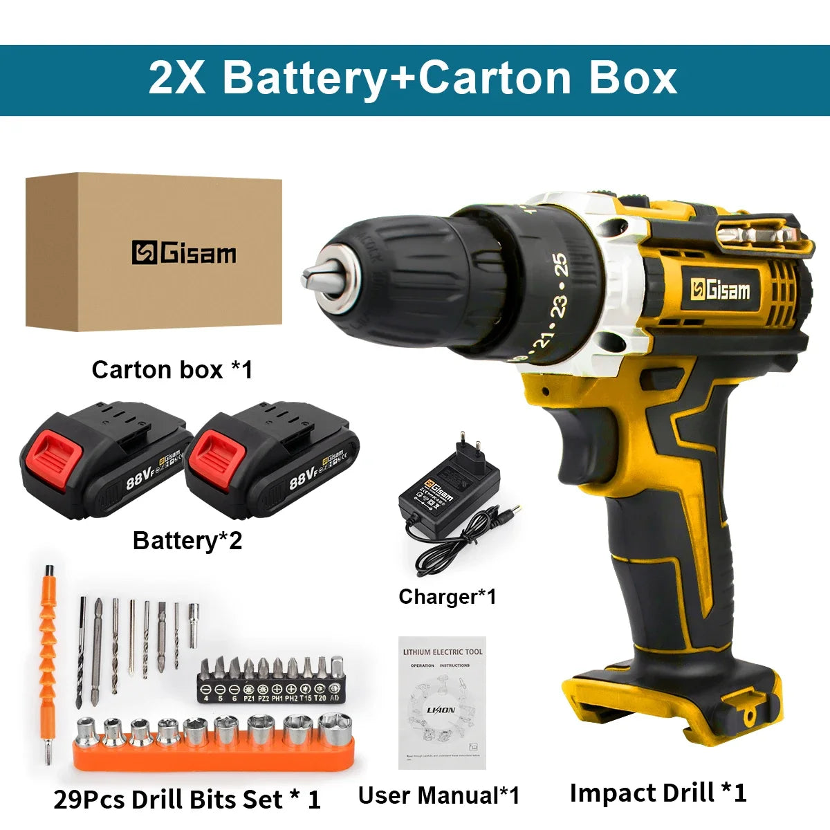 25+3 Torque Impact Drill Electric Screwdriver Cordless Electric Hammer Drill Driver 2 Gear Speed Lithium-Ion Battery Power Tools