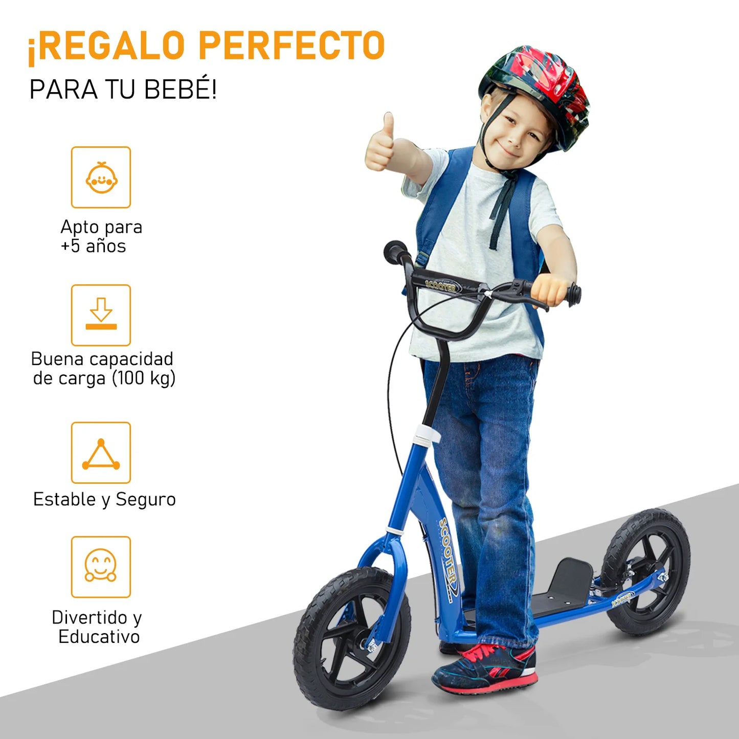 Homcom Scooter for Children 5-12 Years 12-Inch Wheels Brake and Adjustable Handlebar Blue