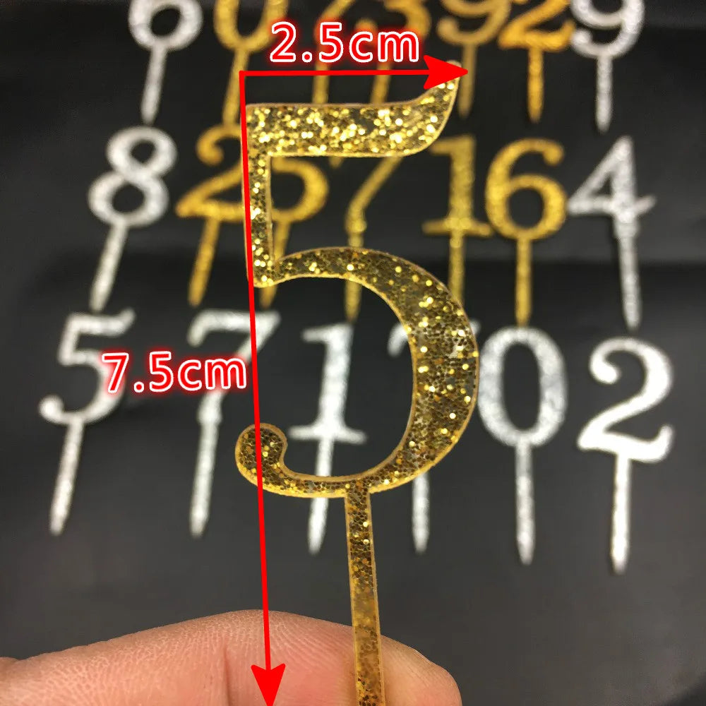1pc Glitter Gold Silvery Acrylic Number 0123456789 Cake Topper for Children Kids Birthday Annivesary Party Decoration