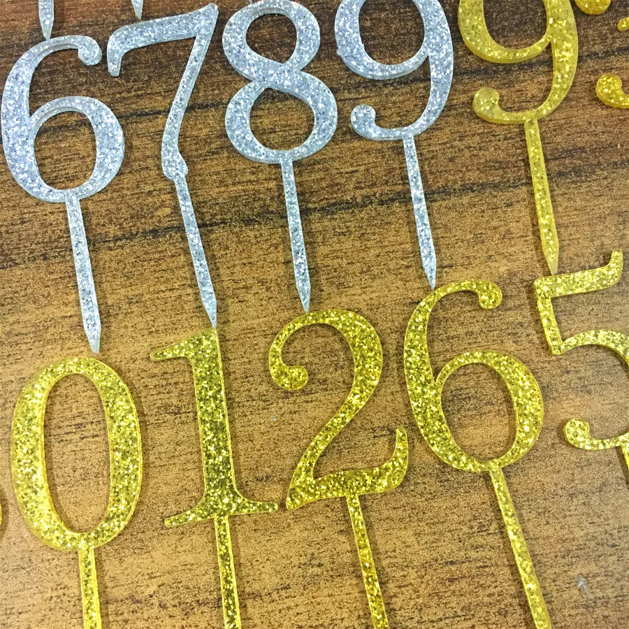 1pc Glitter Gold Silvery Acrylic Number 0123456789 Cake Topper for Children Kids Birthday Annivesary Party Decoration