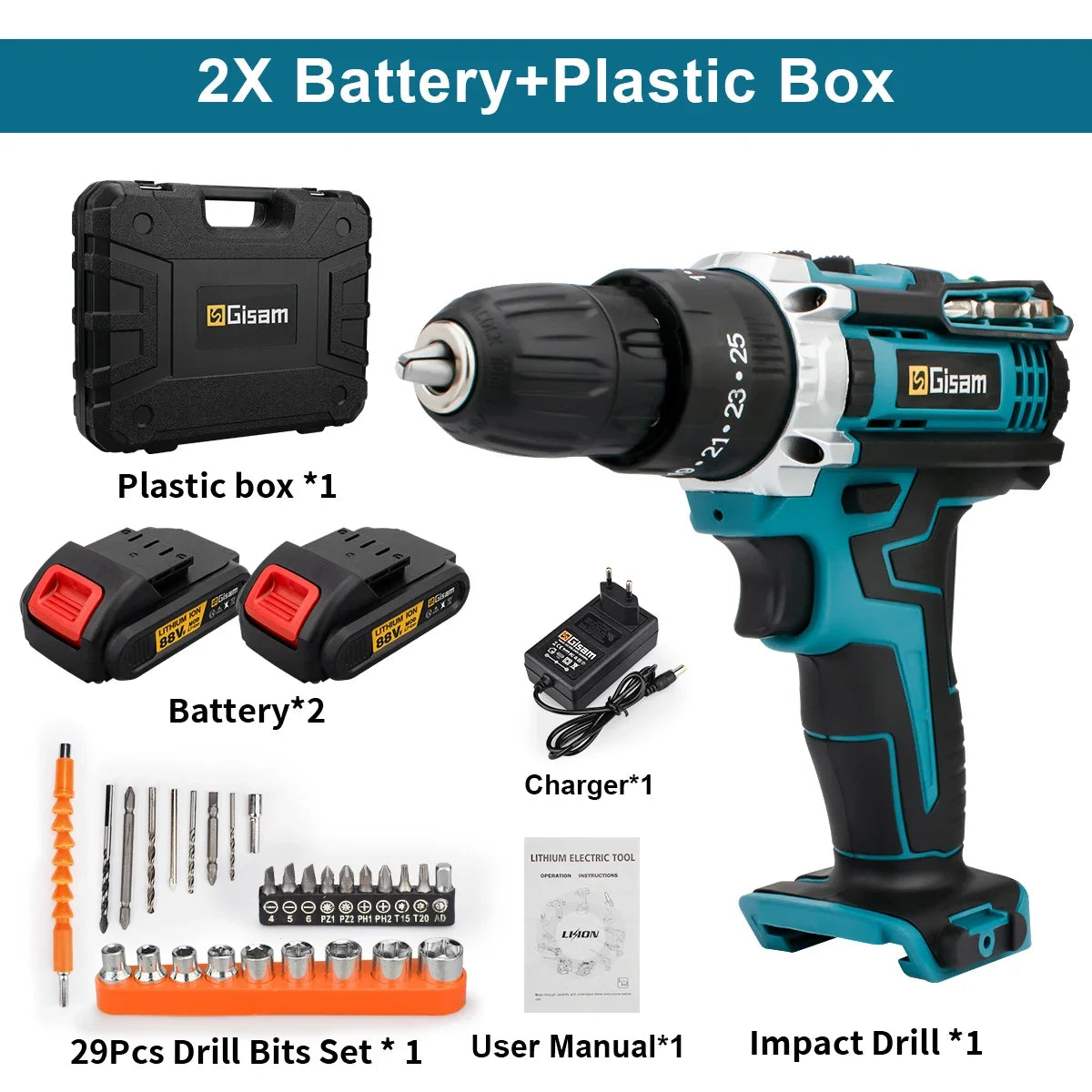 25+3 Torque Impact Drill Electric Screwdriver Cordless Electric Hammer Drill Driver 2 Gear Speed Lithium-Ion Battery Power Tools