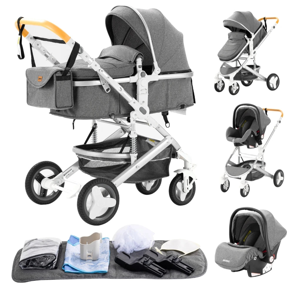Baby Stroller 3 in 1 Luxurious Portable Travel Baby Carriage Fold Pram High Landscape Aluminum Frame Newborn Infant Stroller BLACK