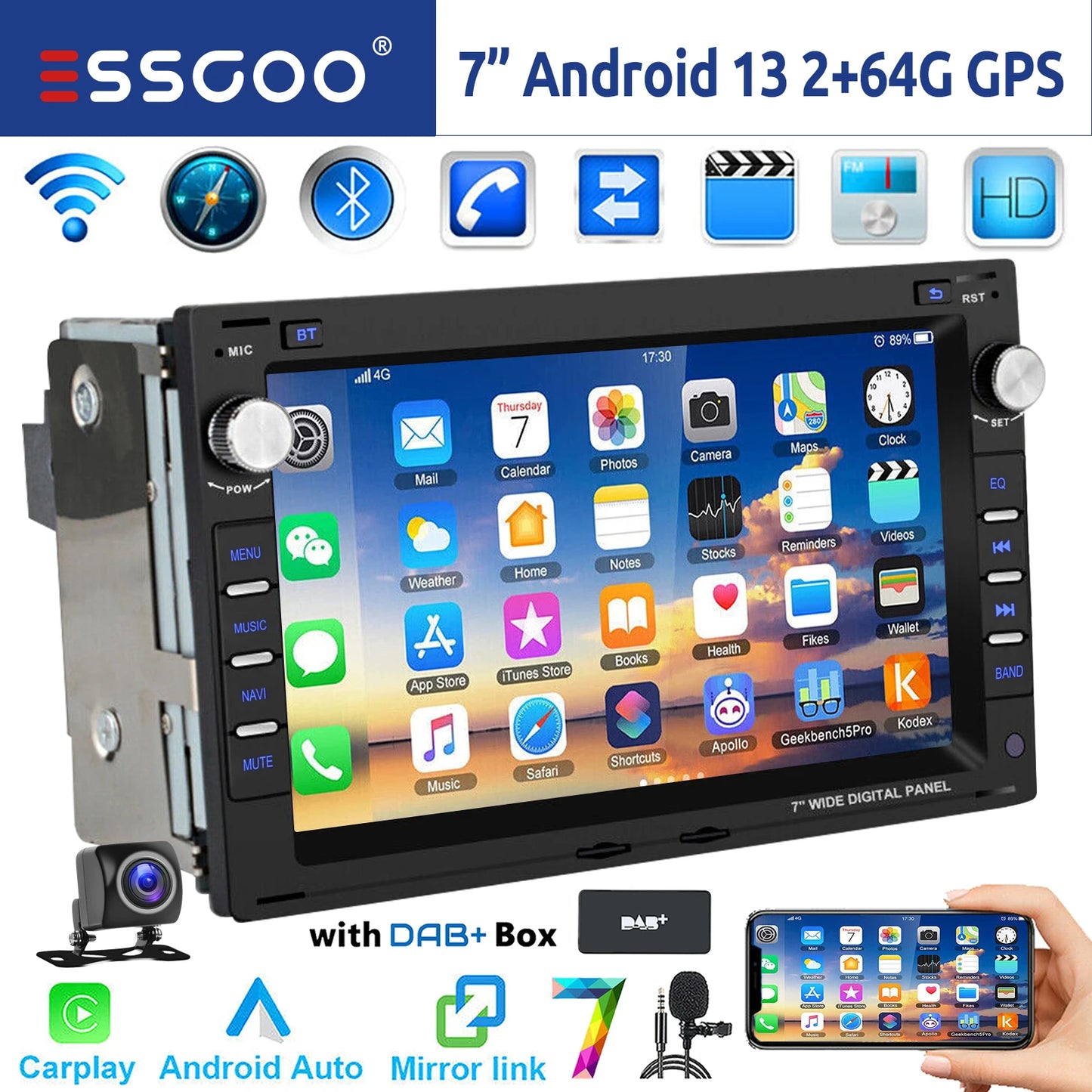 ESSGOO 7" Android 13 2+64G Wireless Apple Carplay Autoradio Für VW Polo 9N Golf 4 Passat B5 T5 GPS NAVI RDS Wifi Bluetooth FM EQ