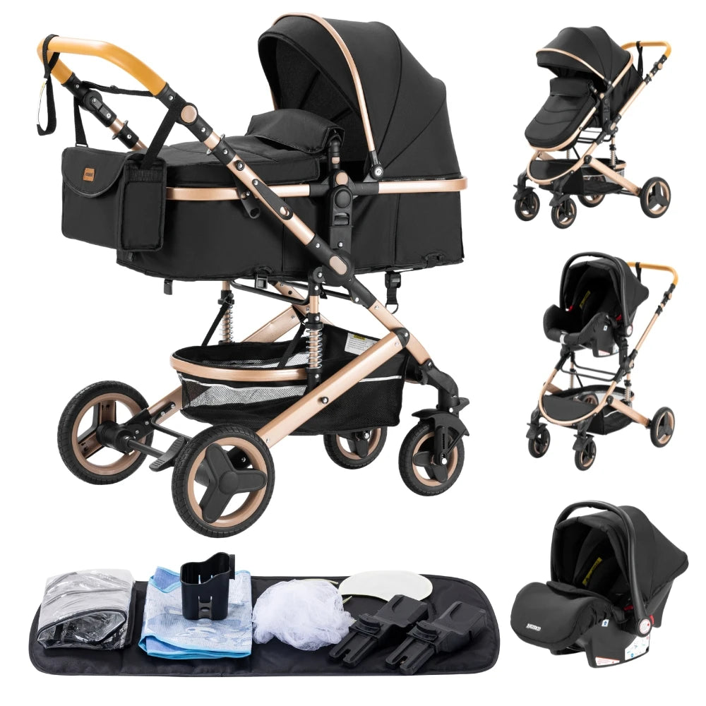Baby Stroller 3 in 1 Luxurious Portable Travel Baby Carriage Fold Pram High Landscape Aluminum Frame Newborn Infant Stroller BLACK