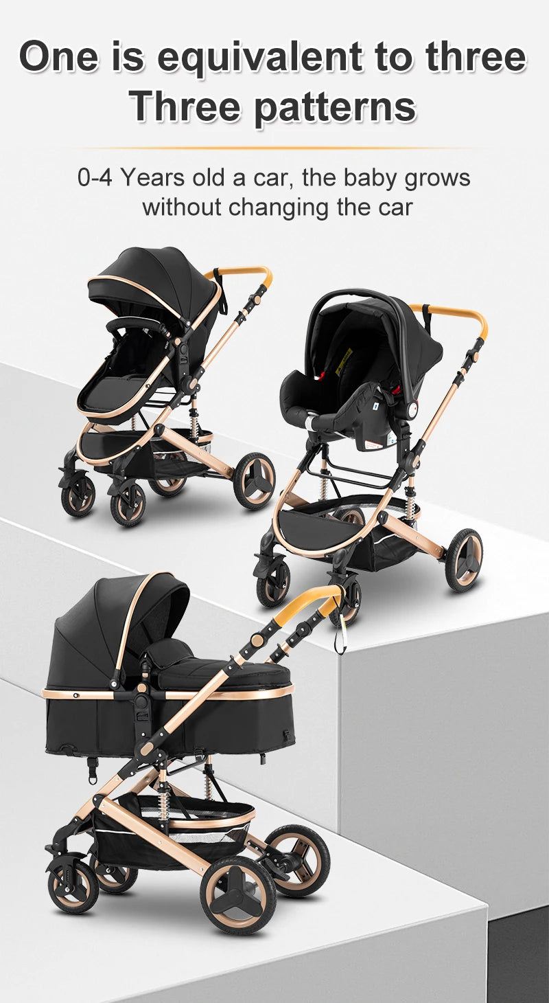 Baby Stroller 3 in 1 Luxurious Portable Travel Baby Carriage Fold Pram High Landscape Aluminum Frame Newborn Infant Stroller BLACK