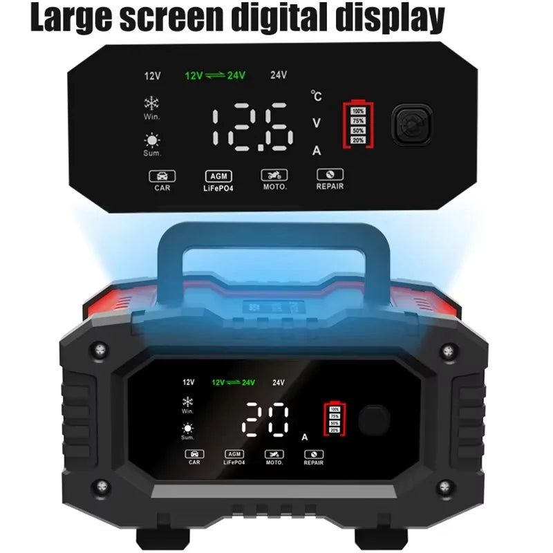 Portable 20A/10A Car Battery Charger 12V 24V Automatic Motorcycle Truck AGM LiFePO4 Lead Acid Start Stop Battery with Repair
