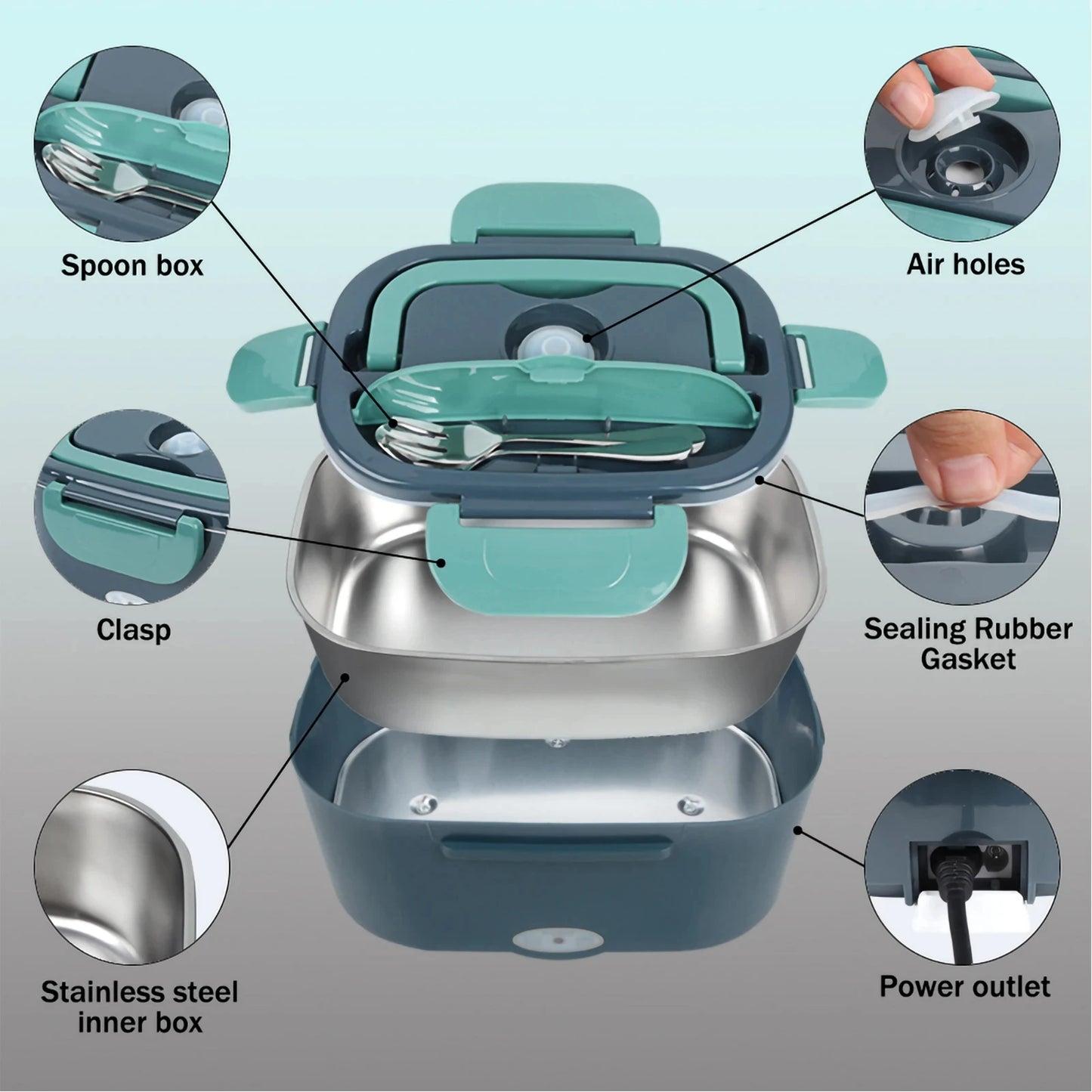 1.5L 60W 220V Electric Lunch Box, 220V Plug + Car Cigarette Lighter Plug, Heating for Lunch