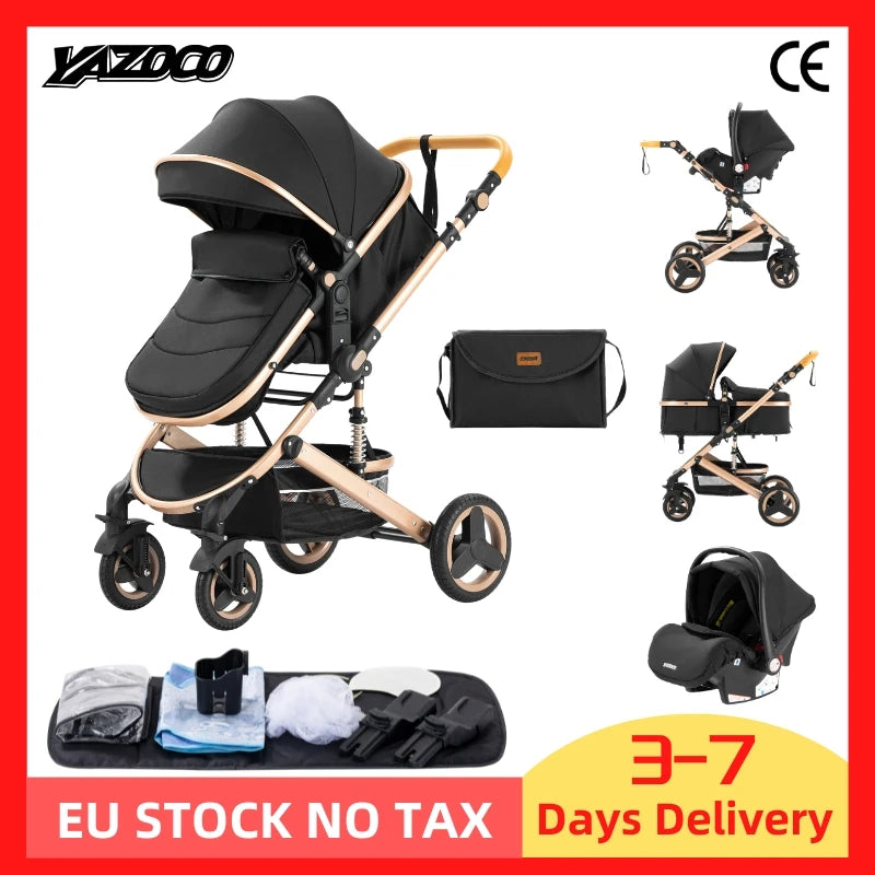 Baby Stroller 3 in 1 Luxurious Portable Travel Baby Carriage Fold Pram High Landscape Aluminum Frame Newborn Infant Stroller BLACK