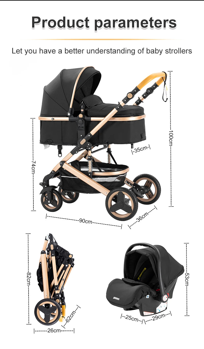 Baby Stroller 3 in 1 Luxurious Portable Travel Baby Carriage Fold Pram High Landscape Aluminum Frame Newborn Infant Stroller BLACK