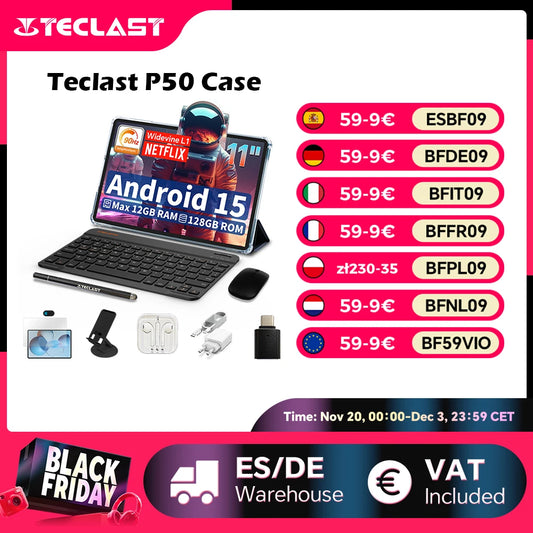 Teclast P50 Case Android 15 Tablet 11\" 90Hz Max 12Gb (4Gb+8Gb Expansion) Ram 128 Gb Rom T606 8-Core Widevine L1 7000Mah Type-C