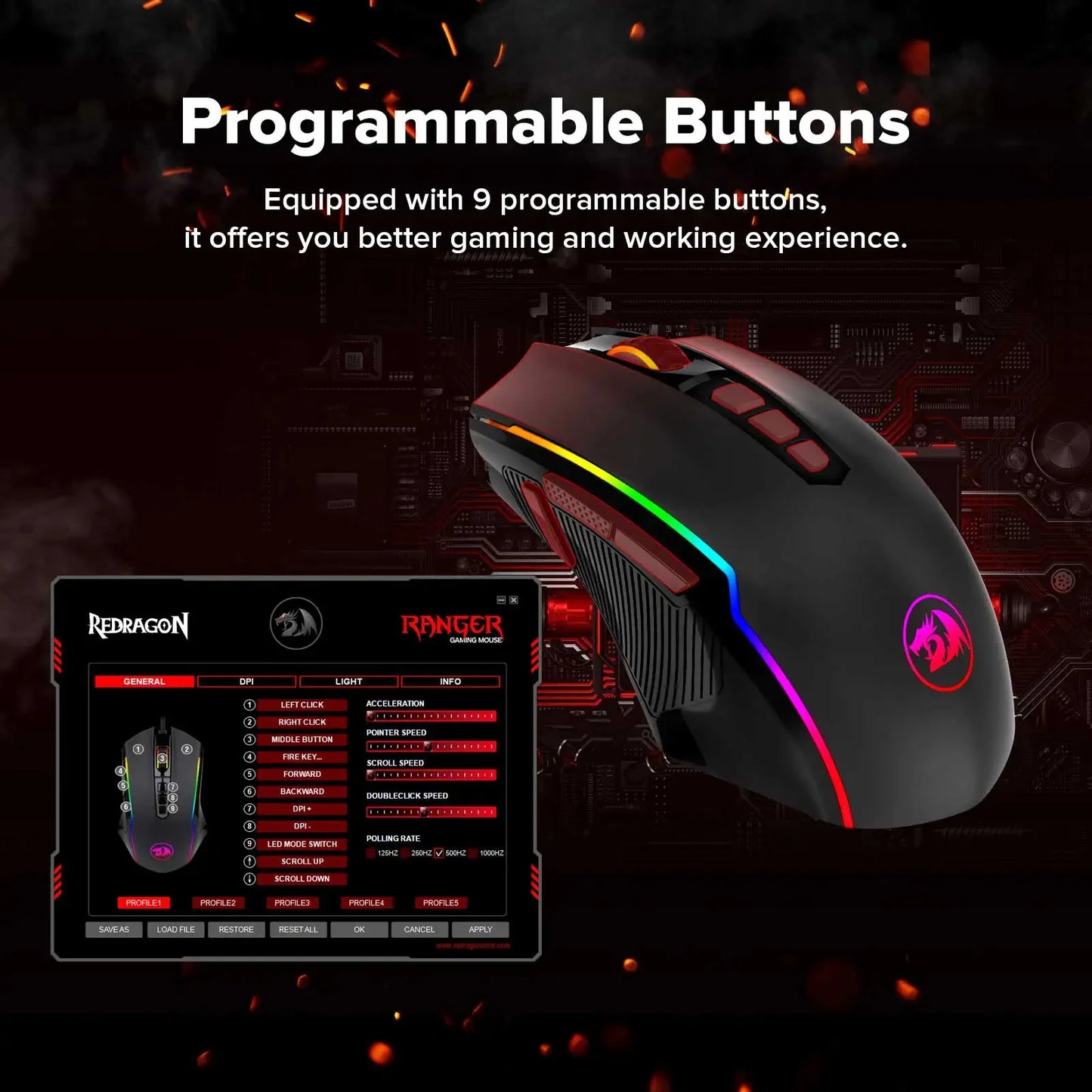 Redragon M910-KS RANGER LITE RGB 2.4G Wireless/Wired Double Modes Gaming Mouse 8000 DPI with Rapid Fire Buttons
