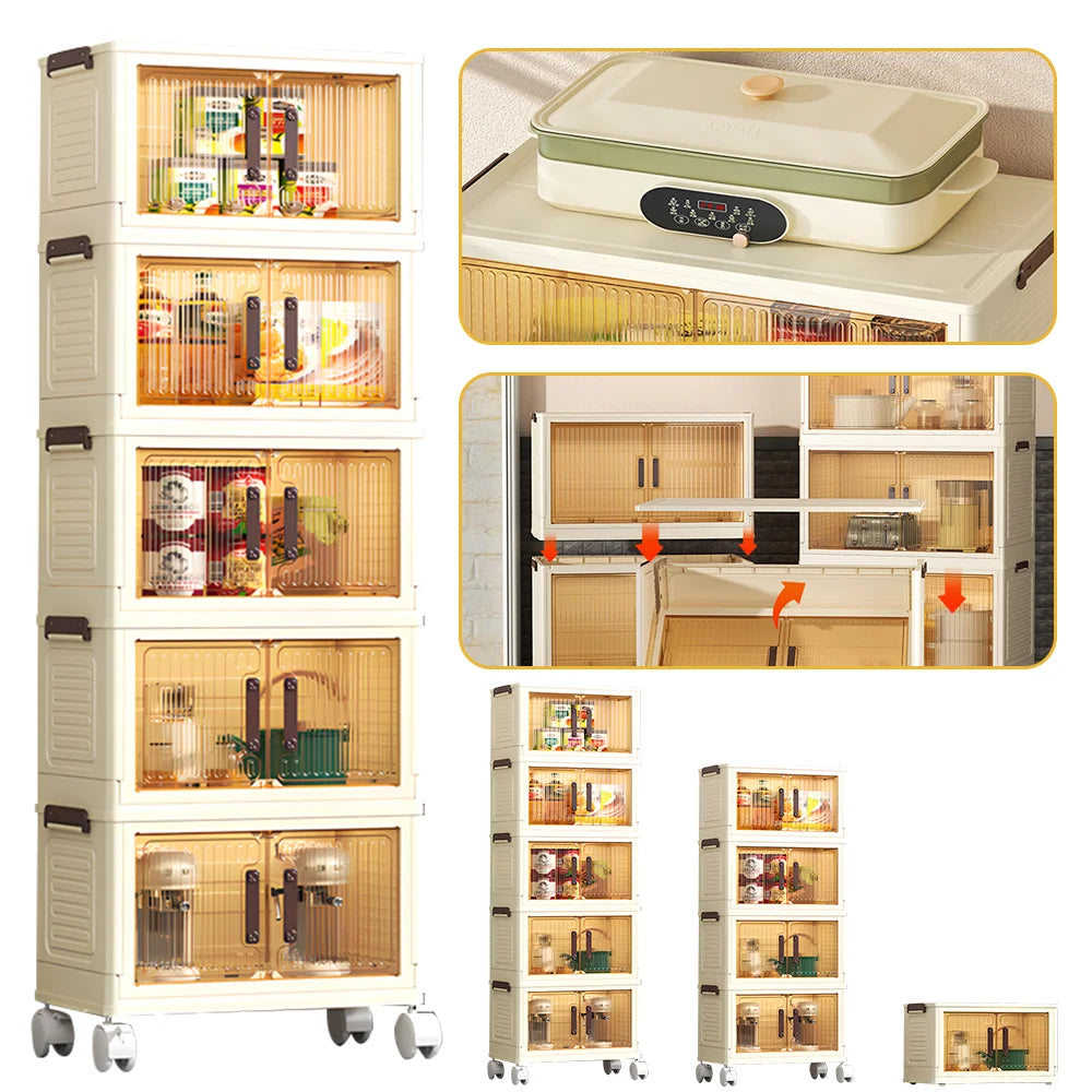 Storage Box Folding Storage Cabinet Storages Cabinet Dustproof with Swivel Wheel Kitchen Bedroom Living Room Storage Wardrobe