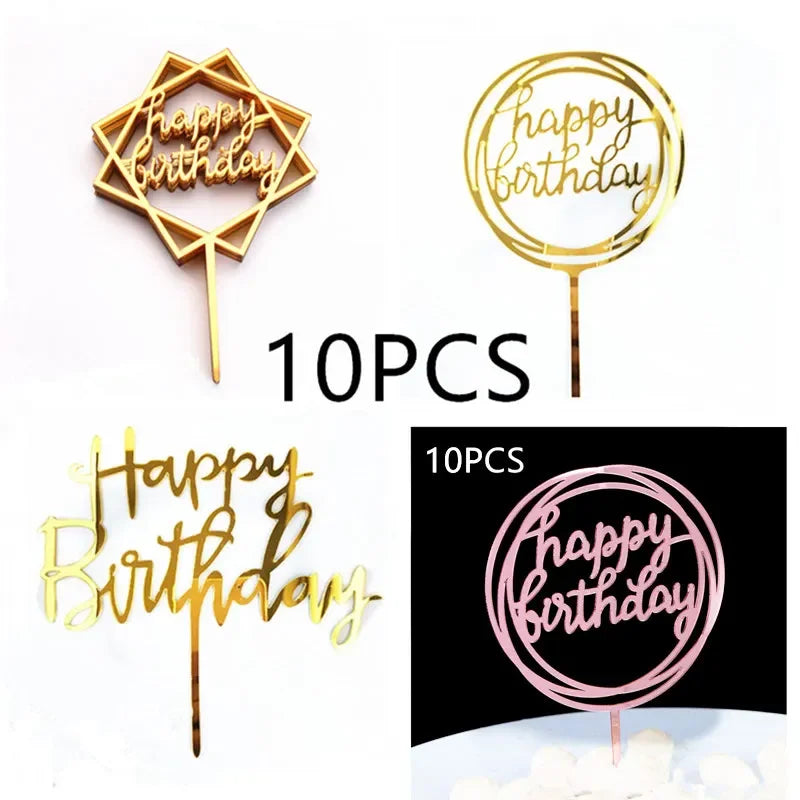 10 pcs Rose Gold Happy Birthday Insert Cake Decoration Inserts Silver Black Minimalist Design Cake Decoration Baby Baptism Party