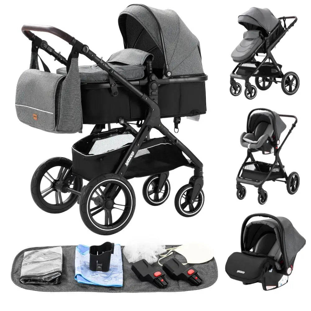 Baby Stroller 3 in 1 Luxurious Portable Travel Baby Carriage Fold Pram High Landscape Aluminum Frame Newborn Infant Stroller BLACK