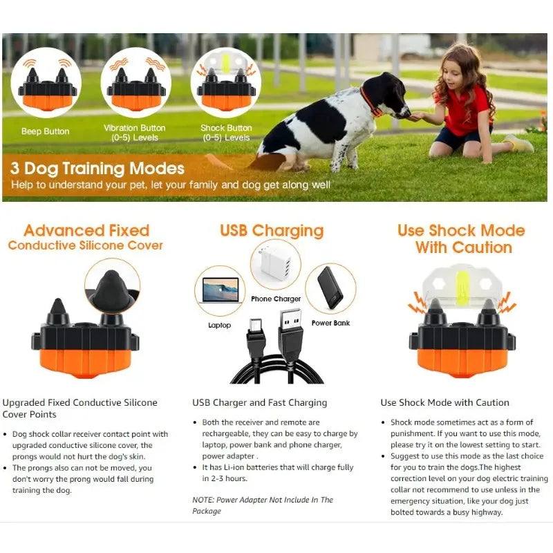 Dog Training Collar Waterproof Rechargeable Shock Collars for Dog with Remote Training Beep Vibration Shock, Electric Dog Collar