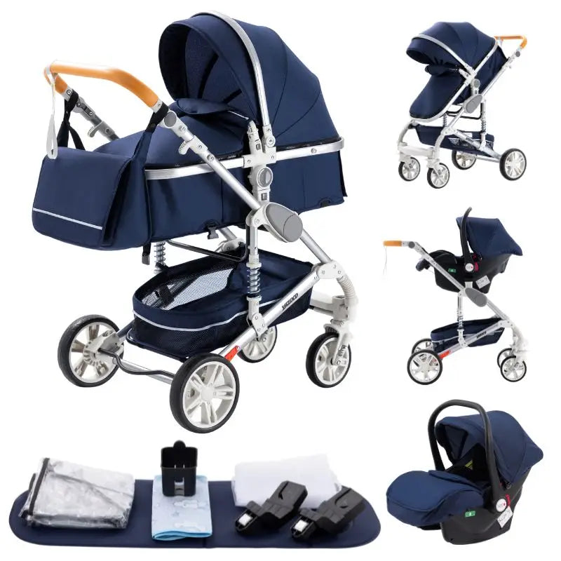 Baby Stroller 3 in 1 Luxurious Portable Travel Baby Carriage Fold Pram High Landscape Aluminum Frame Newborn Infant Stroller BLACK