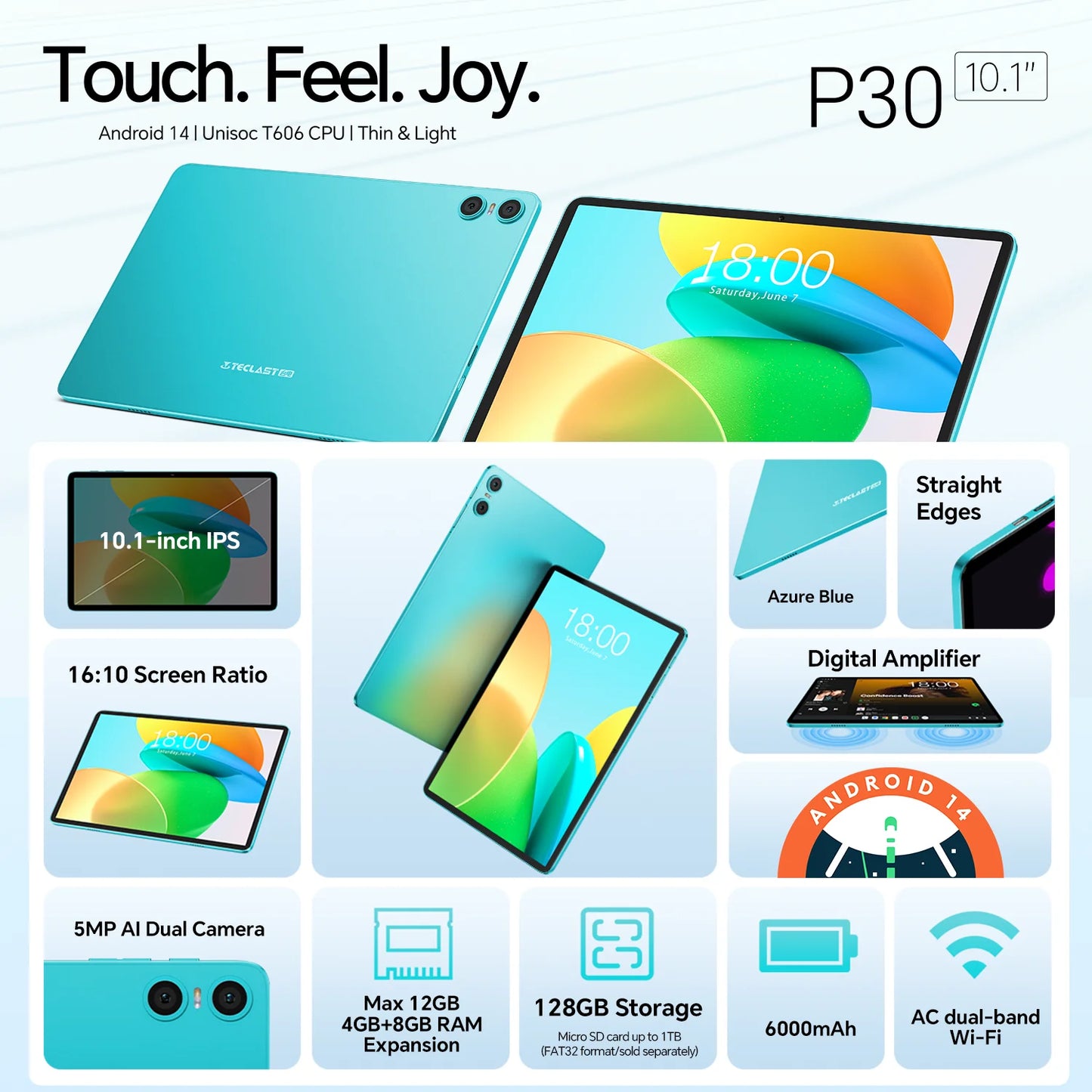 Teclast P30 Android 14 Tablet, 10.1 Inches, up to 12 Gb Ram, 128Gb Rom, 1280X800 Ips, Unisoc T606, 8 Cores, 6000 Mah
