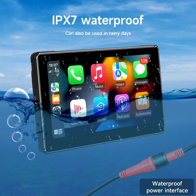 7 inch Motorcycle Navigation Screen IPX 7,1024*600 Wireless Automatic Monitor Android Apple Carplay
