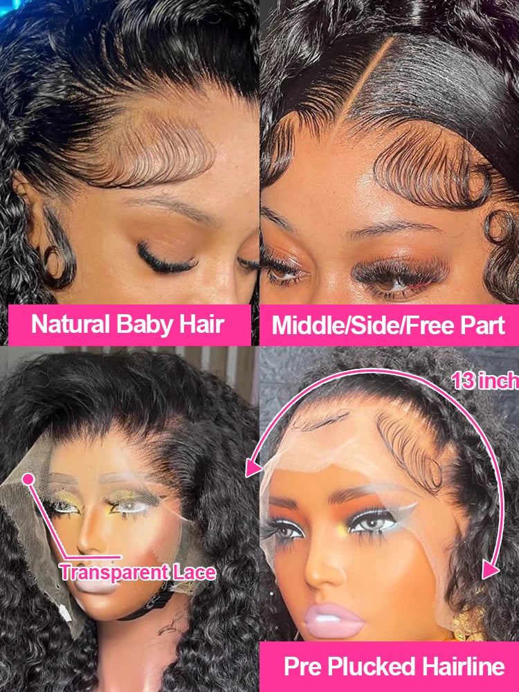 30 40Inch Curly Wigs 13x6 HD Transparent Lace Frontal Human Hair Deep Wave Frontal Wig 250% Density Raw Hair Brazilian For Women