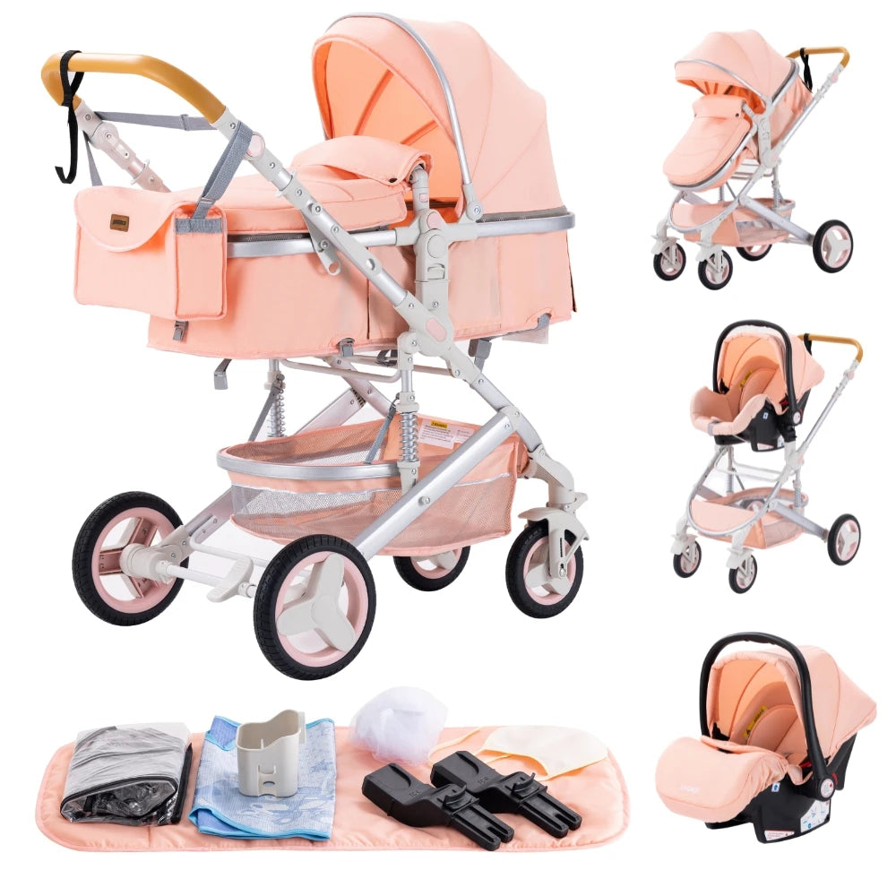 Baby Stroller 3 in 1 Luxurious Portable Travel Baby Carriage Fold Pram High Landscape Aluminum Frame Newborn Infant Stroller BLACK