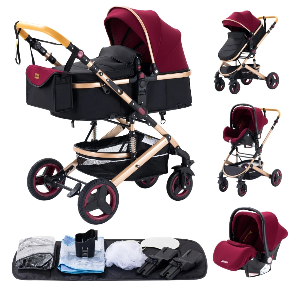 Baby Stroller 3 in 1 Luxurious Portable Travel Baby Carriage Fold Pram High Landscape Aluminum Frame Newborn Infant Stroller BLACK