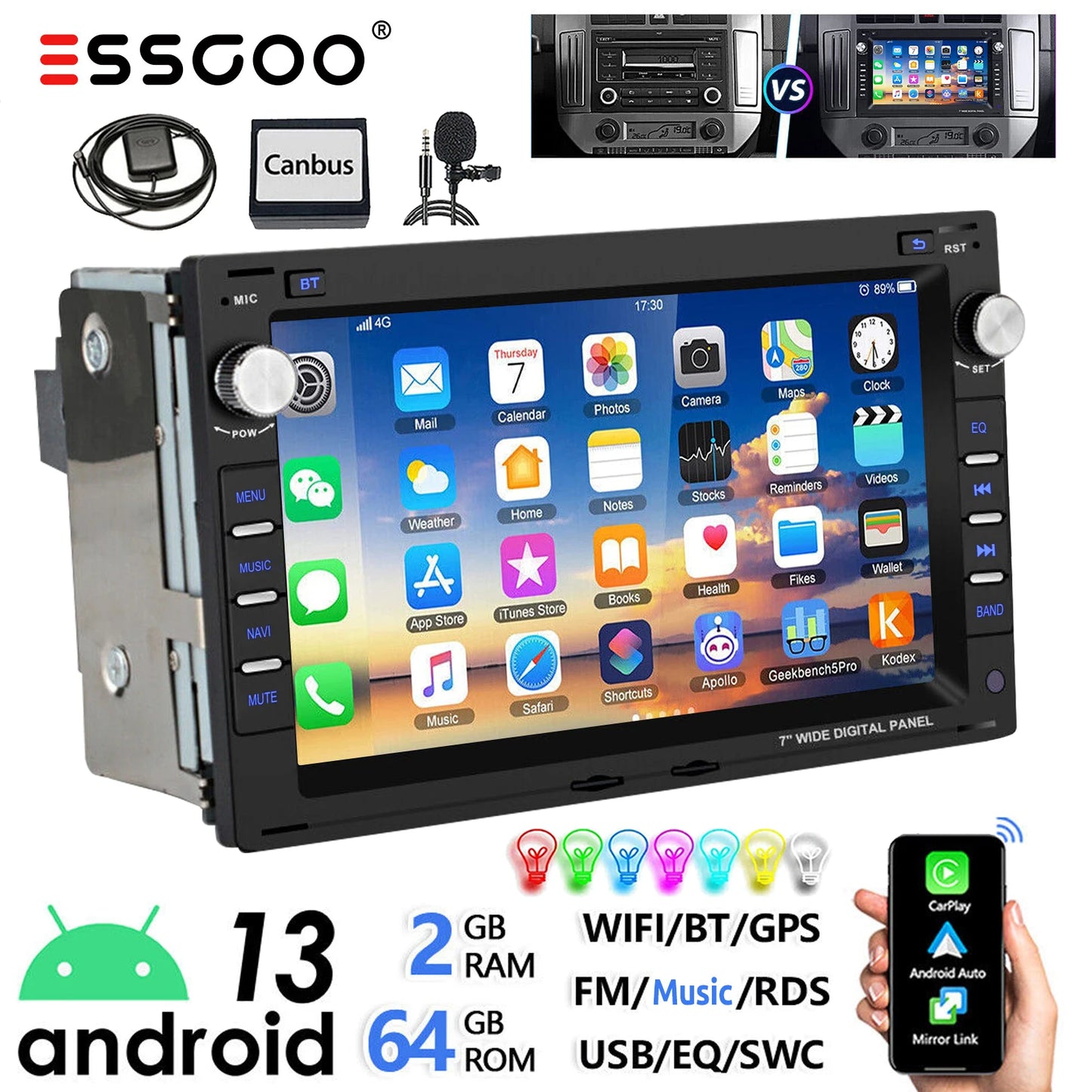 ESSGOO 7" Android 13 2+64G Wireless Apple Carplay Autoradio Für VW Polo 9N Golf 4 Passat B5 T5 GPS NAVI RDS Wifi Bluetooth FM EQ