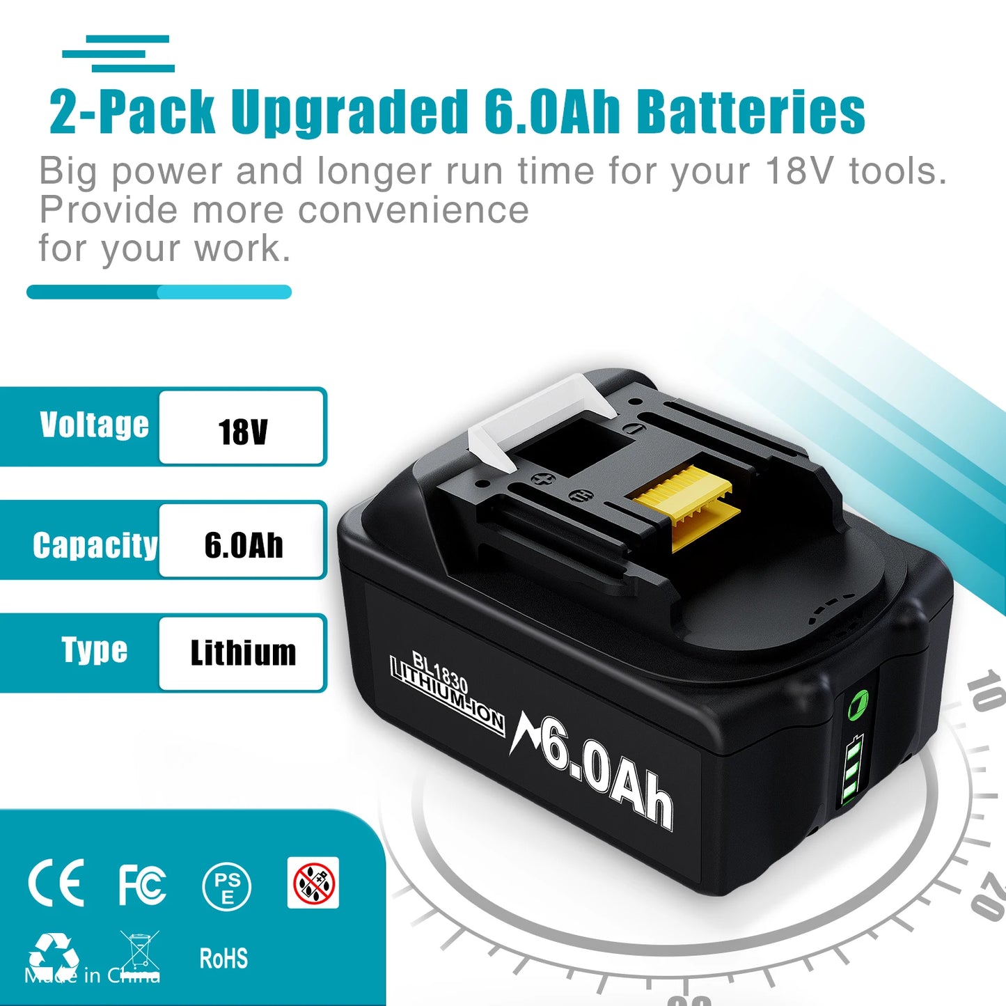 For Makita 18V Battery 6ah Replacement Battery Compatible For Makita BL1830 BL1850 BL1840 BL1840B BL1850B BL1890 Power Tools