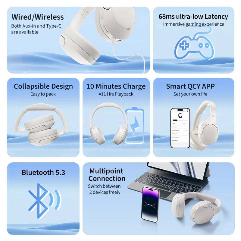 QCY H3 Lite ANC Wireless Earphone Bluetooth 5.3 Gaming Headphones 40mm Driver HiFi Sound Over Ear Headset Multipoint Connection