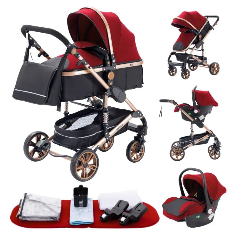 Baby Stroller 3 in 1 Luxurious Portable Travel Baby Carriage Fold Pram High Landscape Aluminum Frame Newborn Infant Stroller BLACK