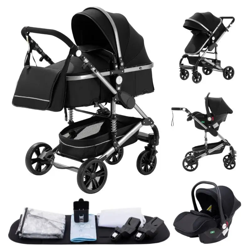Baby Stroller 3 in 1 Luxurious Portable Travel Baby Carriage Fold Pram High Landscape Aluminum Frame Newborn Infant Stroller BLACK
