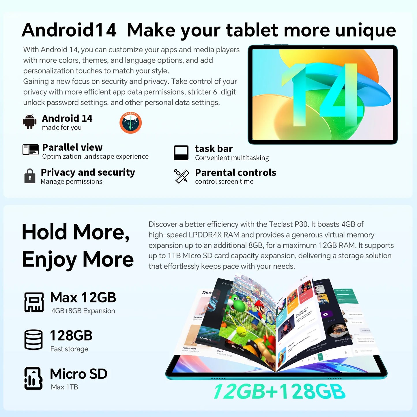 Teclast P30 Android 14 Tablet, 10.1 Inches, up to 12 Gb Ram, 128Gb Rom, 1280X800 Ips, Unisoc T606, 8 Cores, 6000 Mah