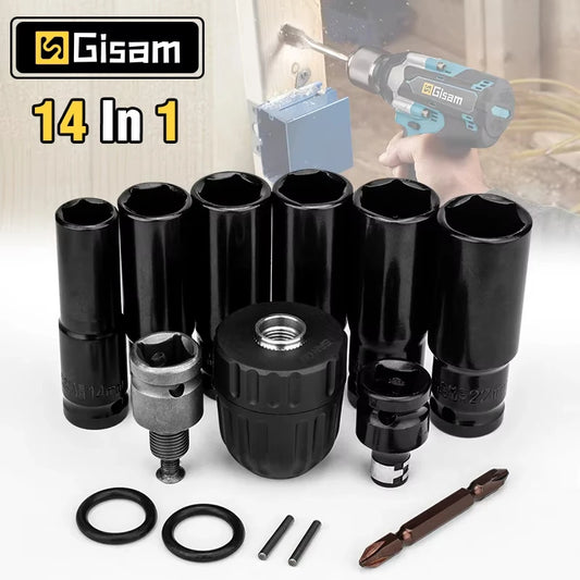 Gisam 14Pcs Set Electric Impact Wrench Hexs Socket Adapter Kit Drill Chuck Drive Adapter for Electric Drill Wrench Screwdrivers