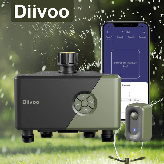 Diivoo WiFi Water Timer 4 Outlets Garden Automatic Irrigation Timer Watering Systems Controller with Rain Delay Manual Watering