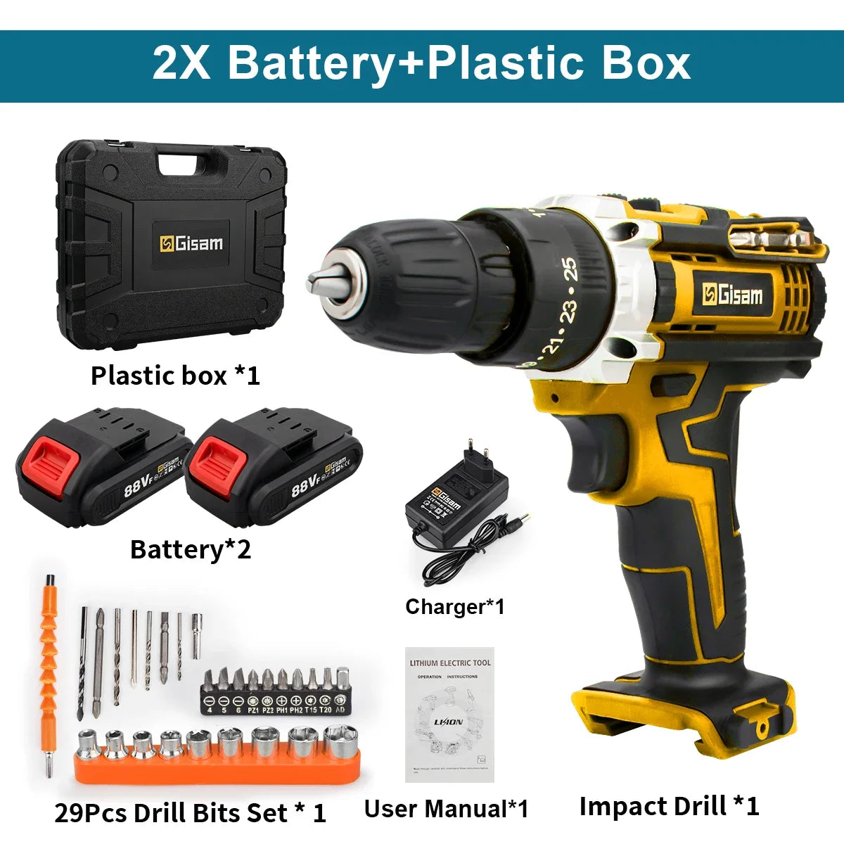 25+3 Torque Impact Drill Electric Screwdriver Cordless Electric Hammer Drill Driver 2 Gear Speed Lithium-Ion Battery Power Tools