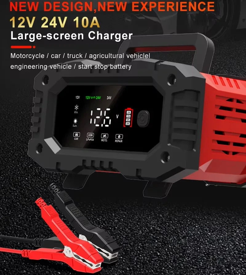 Portable 20A/10A Car Battery Charger 12V 24V Automatic Motorcycle Truck AGM LiFePO4 Lead Acid Start Stop Battery with Repair
