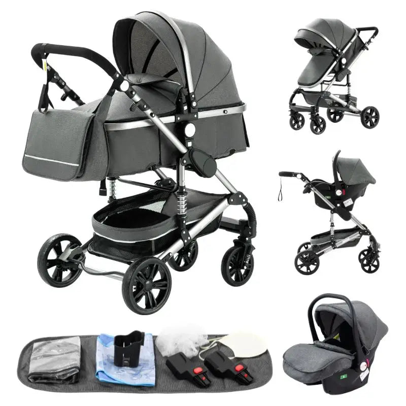 Baby Stroller 3 in 1 Luxurious Portable Travel Baby Carriage Fold Pram High Landscape Aluminum Frame Newborn Infant Stroller BLACK