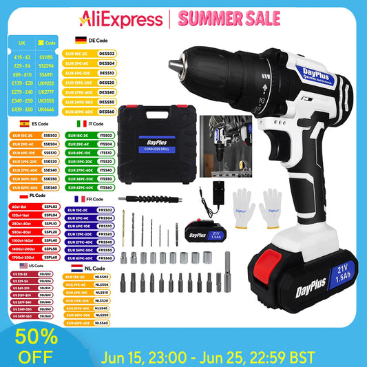 21V Portable Cordless Power Drill Set Impact Screw Driver with 1500mAh Li-Ion Rechargeable Battery 25+1 Torque Setting 45N.m