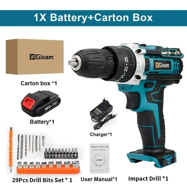 25+3 Torque Impact Drill Electric Screwdriver Cordless Electric Hammer Drill Driver 2 Gear Speed Lithium-Ion Battery Power Tools