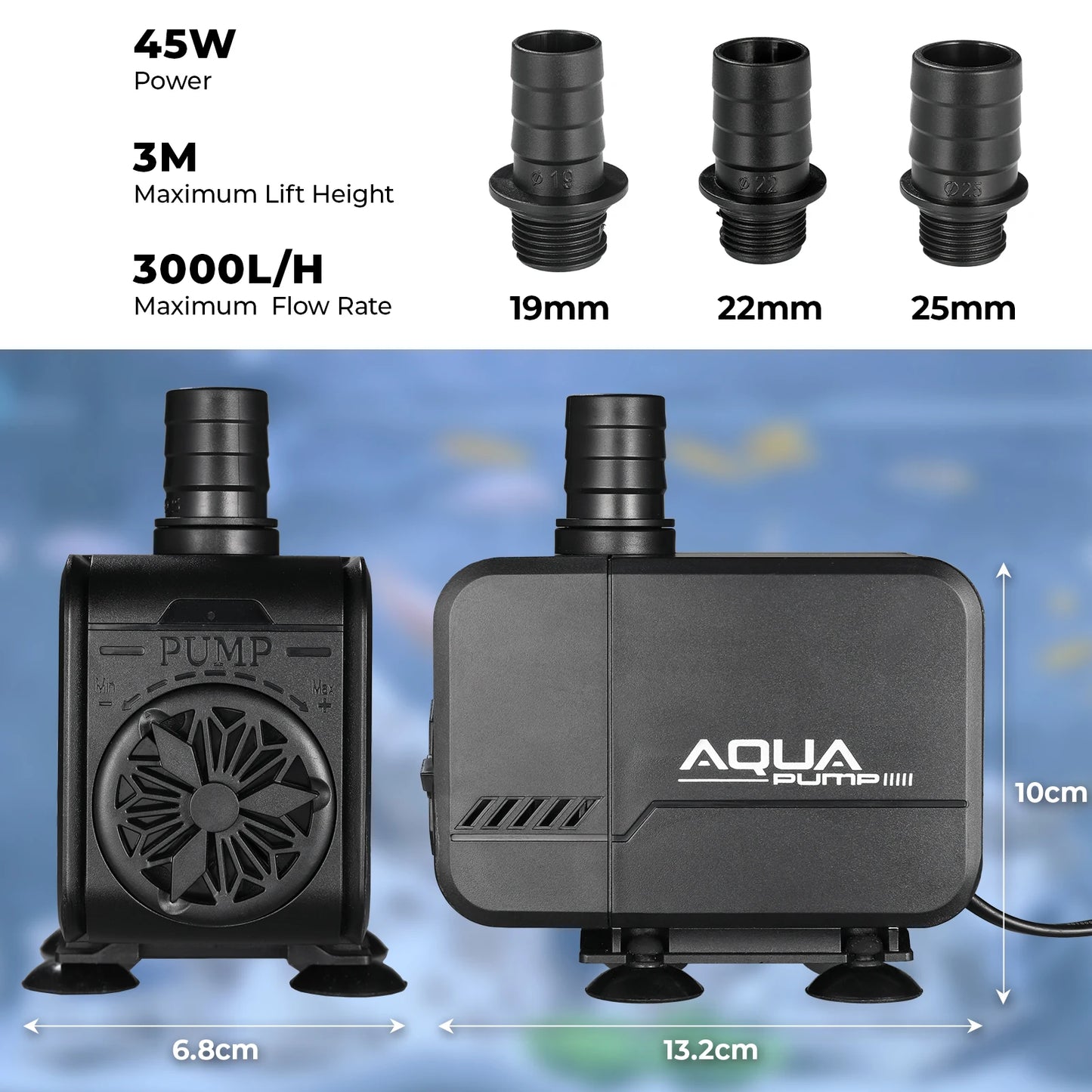Fountain Pump 15W 1500L/H and 40W 3000L/H Submersible Water Pump, Outdoor Fountain Water Pump with 2.3m Power Cord, 3 Nozzles