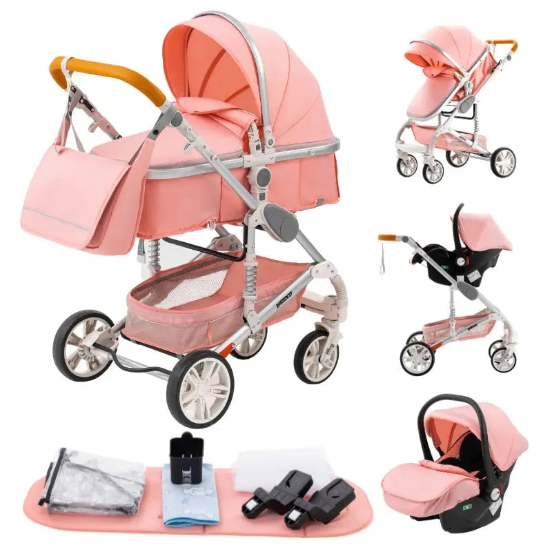 Baby Stroller 3 in 1 Luxurious Portable Travel Baby Carriage Fold Pram High Landscape Aluminum Frame Newborn Infant Stroller BLACK