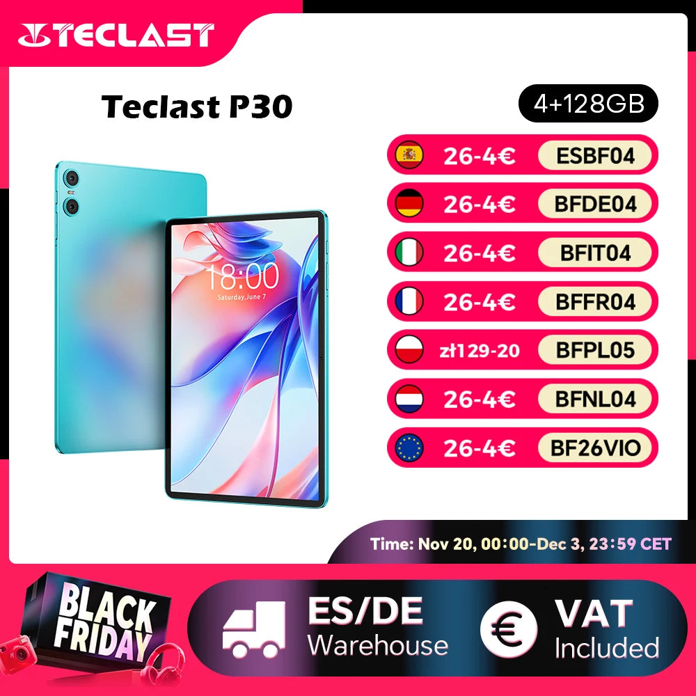 Teclast P30 Android 14 Tablet, 10.1 Inches, up to 12 Gb Ram, 128Gb Rom, 1280X800 Ips, Unisoc T606, 8 Cores, 6000 Mah