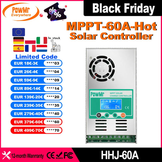 PowMr 60A MPPT Solar Charge Controller Work for 12V 24V 36V 48V Lithium Lead Acid Battery With LCD Display Max PV 160VDC Input