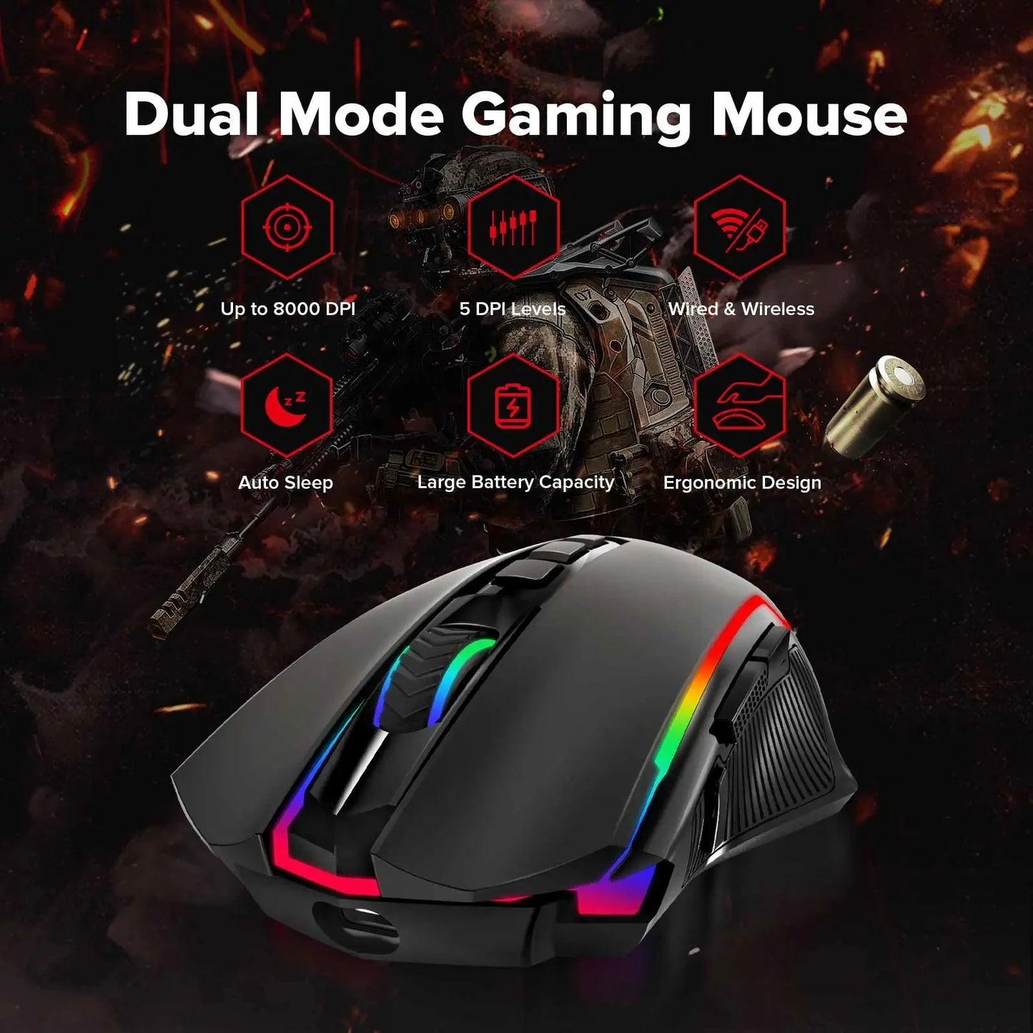 Redragon M910-KS RANGER LITE RGB 2.4G Wireless/Wired Double Modes Gaming Mouse 8000 DPI with Rapid Fire Buttons