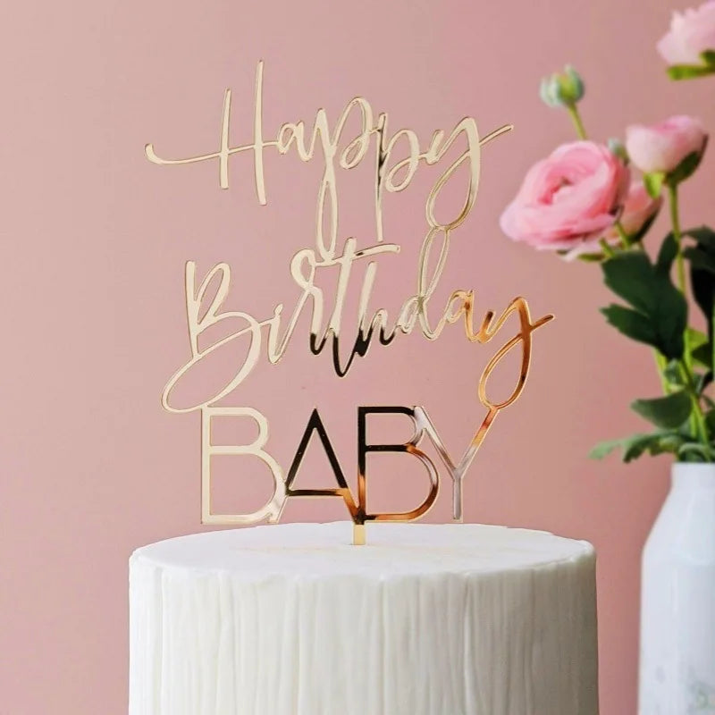 New Acrylic Happy Birthday Cake Topper Gold Happy Birthday Baby Party Cake Toppers Dessert Decorations for Kids Baking Supplies