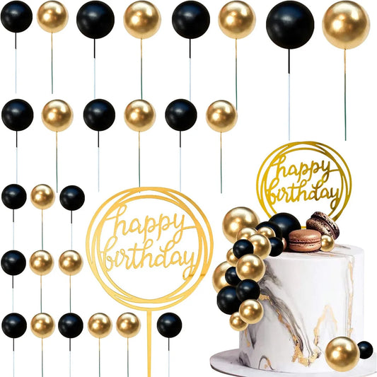 27pcs Pearl Balls Cake Topper Happy Birthday Cake Insert Pick DIYPile Up Insert for  Birthday Party Cake Decoration (Black Gold)