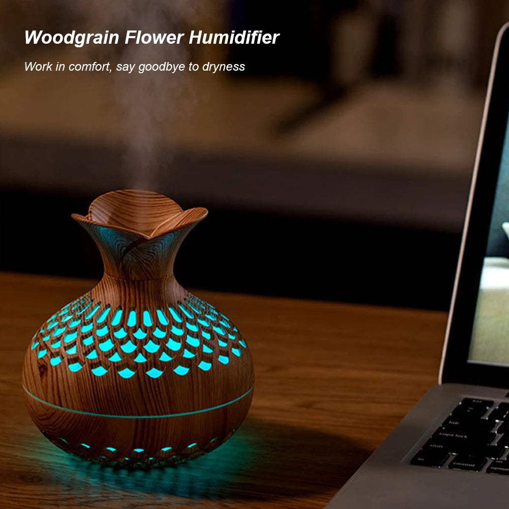 300ML Wood Grain Flower Humidifier Silent Aromatherapy Diffuser USB Rechargeable Mini Air Humidifier with Colorful Night Light