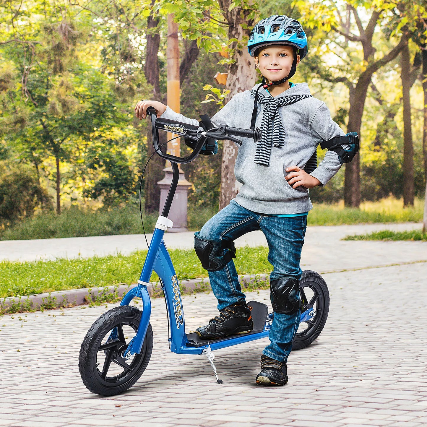 Homcom Scooter for Children 5-12 Years 12-Inch Wheels Brake and Adjustable Handlebar Blue