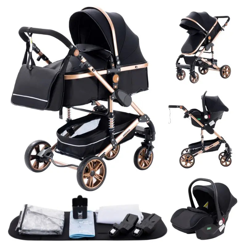Baby Stroller 3 in 1 Luxurious Portable Travel Baby Carriage Fold Pram High Landscape Aluminum Frame Newborn Infant Stroller BLACK