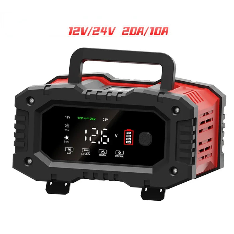 Portable 20A/10A Car Battery Charger 12V 24V Automatic Motorcycle Truck AGM LiFePO4 Lead Acid Start Stop Battery with Repair